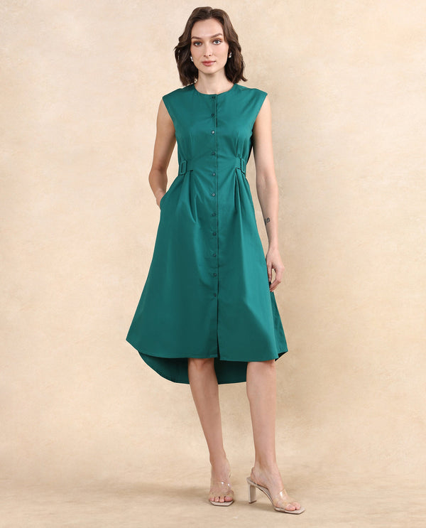 Rareism Women Hiyfc Green Cotton Blend Fabric Sleeveless Round Neck Button Closure A-Line Fit Knee Length Plain Dress