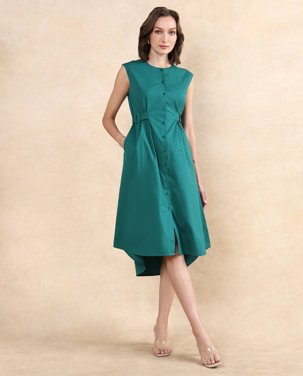 Rareism Women Hiyfc Green Cotton Blend Fabric Sleeveless Round Neck Button Closure A-Line Fit Knee Length Plain Dress