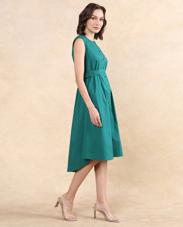 Rareism Women Hiyfc Green Cotton Blend Fabric Sleeveless Round Neck Button Closure A-Line Fit Knee Length Plain Dress