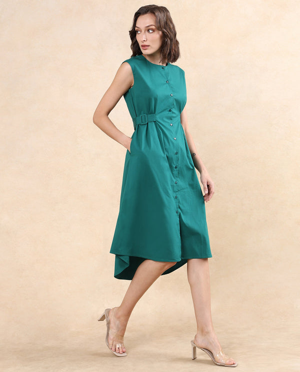 Rareism Women Hiyfc Green Cotton Blend Fabric Sleeveless Round Neck Button Closure A-Line Fit Knee Length Plain Dress