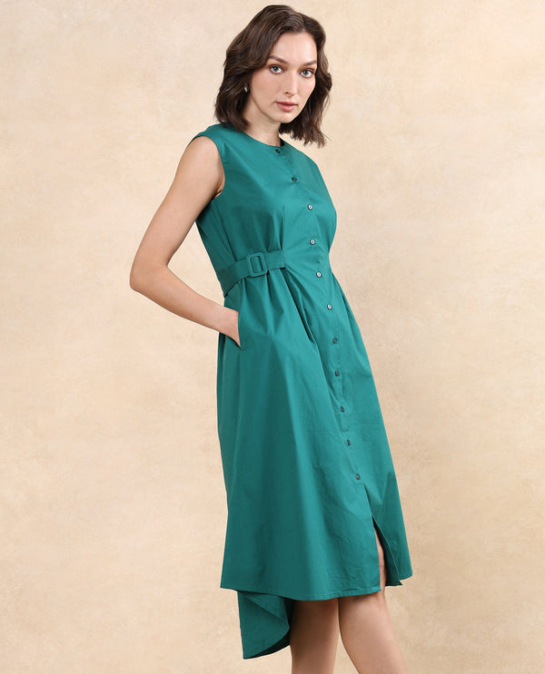 Rareism Women Hiyfc Green Cotton Blend Fabric Sleeveless Round Neck Button Closure A-Line Fit Knee Length Plain Dress