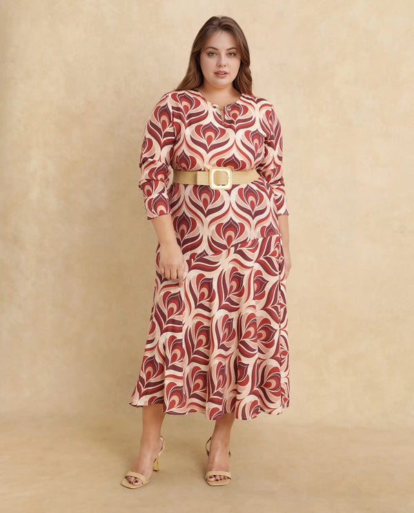 Rareism Women Denizli Dark Beige Viscose Blend Fabric Full Sleeve V-Neck Zipper Closure Midi Floral Print Dress