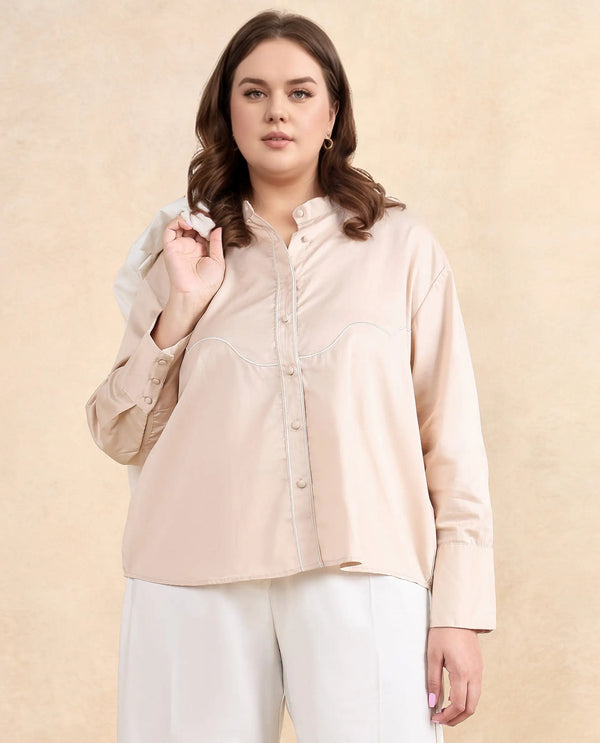 Rareism Women Jujo Beige Cotton Satin Fabric Cuffed Sleeve Mandarin Collar Button Closure Plain Shirt