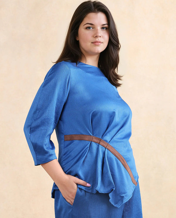 Rareism Women Yan Blue Volume Sleeve Round Neck Zipper Closure Regular Fit Plain Top