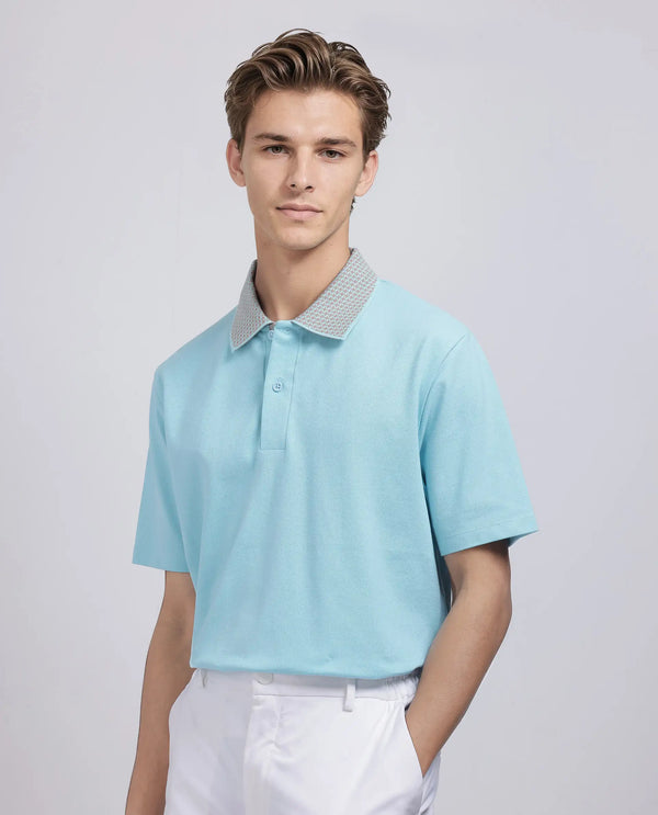 Rare Rabbit Men Abit Light Blue Cotton Blend Fabric Short Sleeve Collared Neck Button Closure Plain Polo