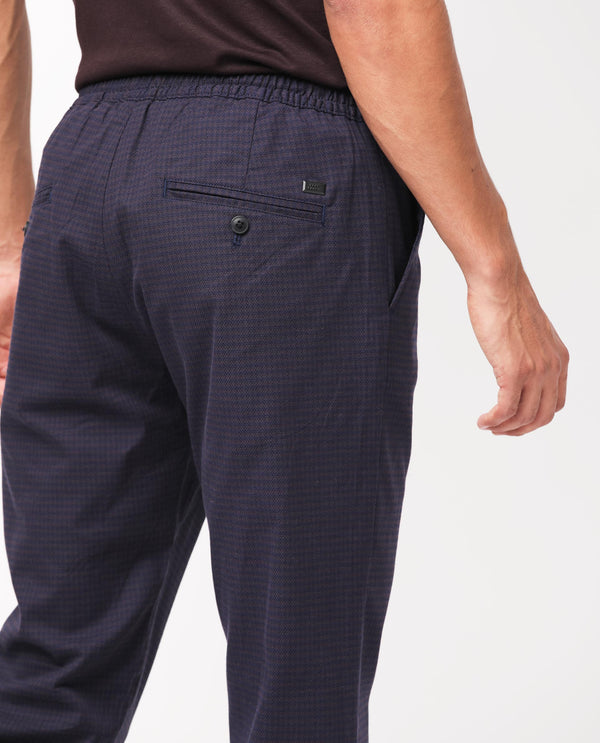 Rare Rabbit Men's Hobbs Dark Purple Micro Dobby With Drawstring And Elastic Waistband Regular Fit Trouser