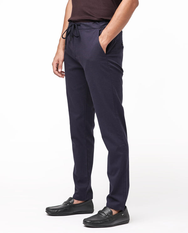 Rare Rabbit Men's Hobbs Dark Purple Micro Dobby With Drawstring And Elastic Waistband Regular Fit Trouser