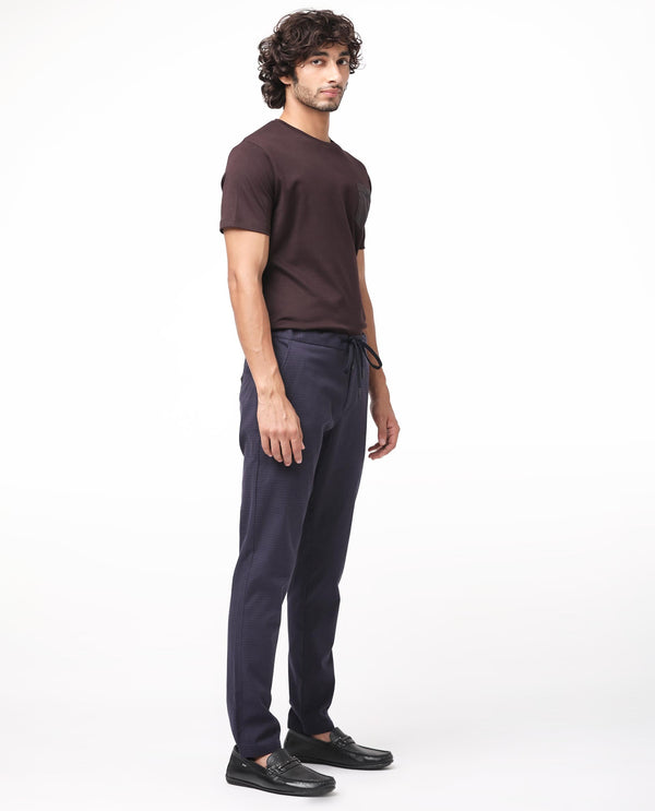 Rare Rabbit Men's Hobbs Dark Purple Micro Dobby With Drawstring And Elastic Waistband Regular Fit Trouser