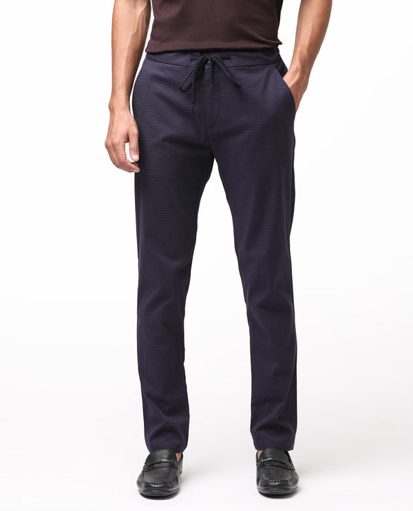 Rare Rabbit Men's Hobbs Dark Purple Micro Dobby With Drawstring And Elastic Waistband Regular Fit Trouser
