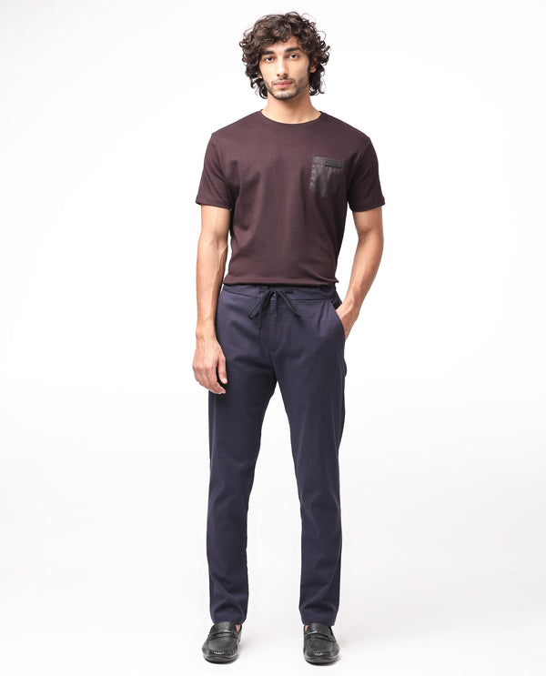 Rare Rabbit Men's Hobbs Dark Purple Micro Dobby With Drawstring And Elastic Waistband Regular Fit Trouser