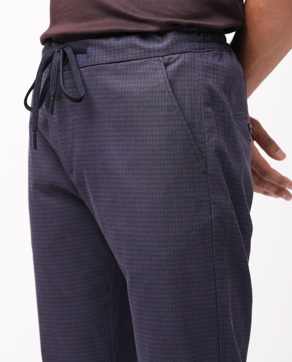 Rare Rabbit Men's Hobbs Dark Purple Micro Dobby With Drawstring And Elastic Waistband Regular Fit Trouser