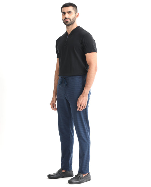 Rare Rabbit Men's Hobbs Petrol Mid-Rise Micro Dobby With Drawstring And Elastic Waistband Regular Fit Trouser