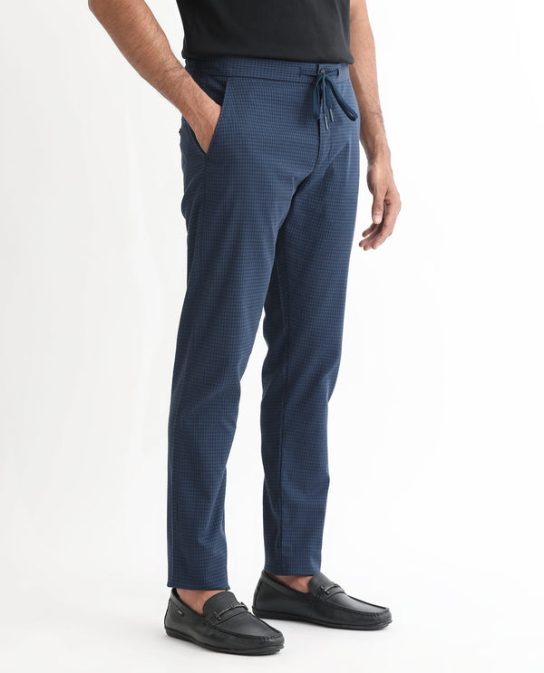 Rare Rabbit Men's Hobbs Petrol Mid-Rise Micro Dobby With Drawstring And Elastic Waistband Regular Fit Trouser
