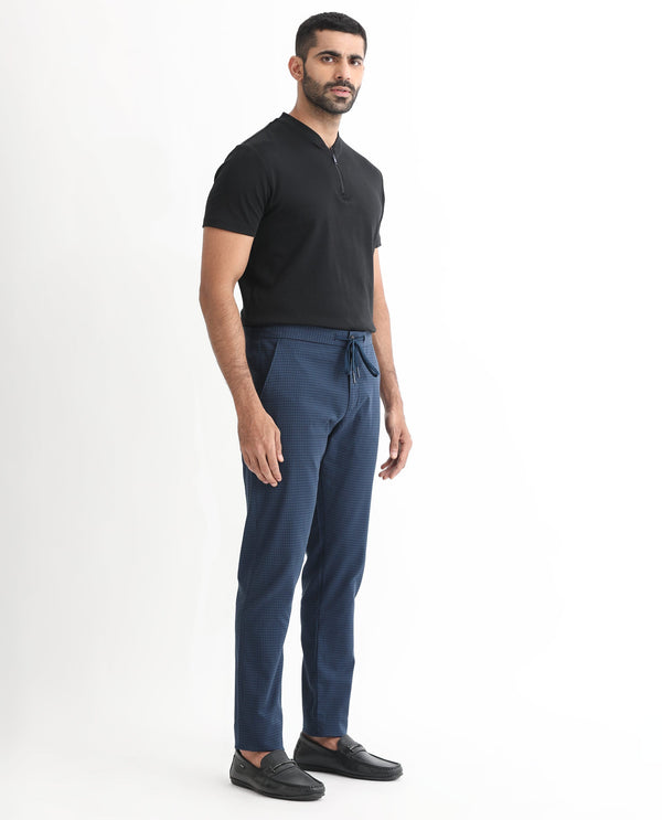 Rare Rabbit Men's Hobbs Petrol Mid-Rise Micro Dobby With Drawstring And Elastic Waistband Regular Fit Trouser