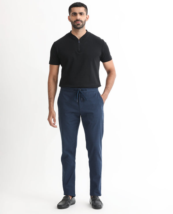 Rare Rabbit Men's Hobbs Petrol Mid-Rise Micro Dobby With Drawstring And Elastic Waistband Regular Fit Trouser