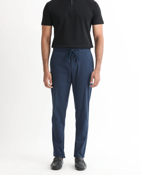 Rare Rabbit Men's Hobbs Petrol Mid-Rise Micro Dobby With Drawstring And Elastic Waistband Regular Fit Trouser