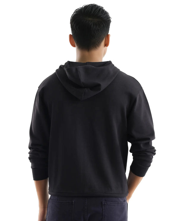 Rare Rabbit Men Hobbs Black Cotton Poly Fabric Full Sleeve Regular Fit Hooded Solid Sweatshirt