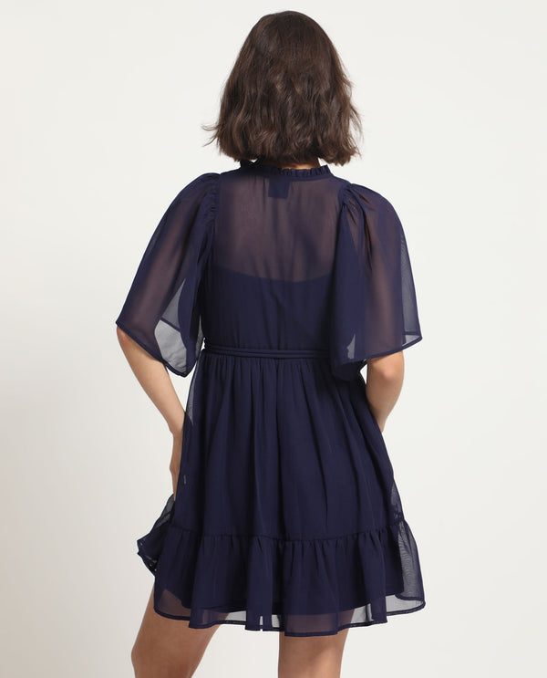 Rareism Women's Hocker Navy Polyester Fabric V-Neck Slip-On Closure Flutter Sleeve Plain  Mini Dress
