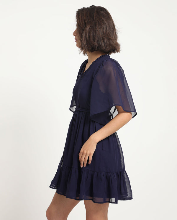 Rareism Women's Hocker Navy Polyester Fabric V-Neck Slip-On Closure Flutter Sleeve Plain  Mini Dress