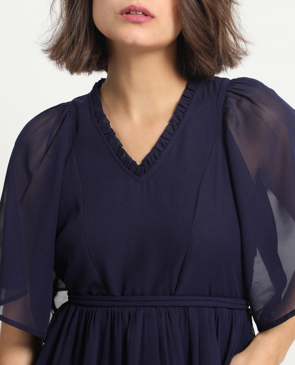 Rareism Women's Hocker Navy Polyester Fabric V-Neck Slip-On Closure Flutter Sleeve Plain  Mini Dress