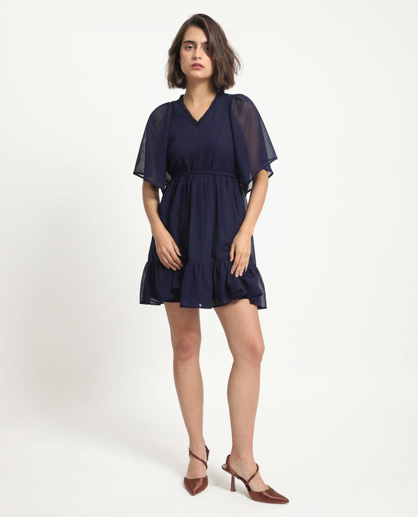 Rareism Women's Hocker Navy Polyester Fabric V-Neck Slip-On Closure Flutter Sleeve Plain  Mini Dress