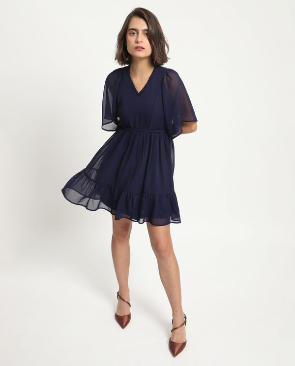 Rareism Women's Hocker Navy Polyester Fabric V-Neck Slip-On Closure Flutter Sleeve Plain  Mini Dress