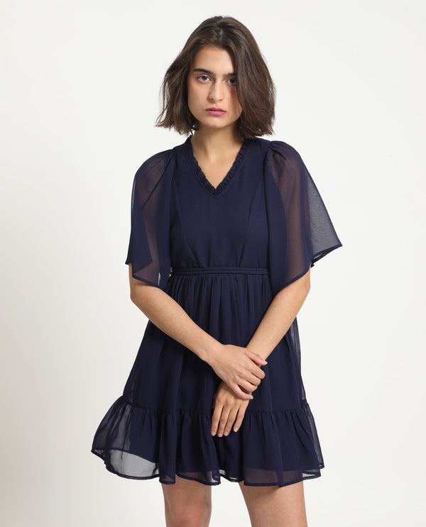 Rareism Women's Hocker Navy Polyester Fabric V-Neck Slip-On Closure Flutter Sleeve Plain  Mini Dress