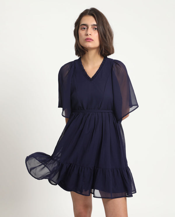 Rareism Women's Hocker Navy Polyester Fabric V-Neck Slip-On Closure Flutter Sleeve Plain  Mini Dress