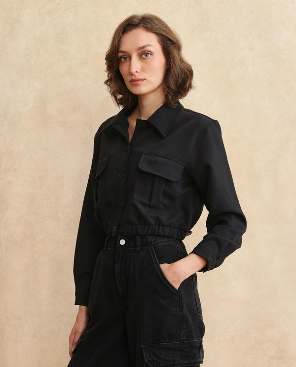 Rareism Women Hobart Black Cuffed Sleeve Collared Neck Button Closure Cropped Plain Jacket