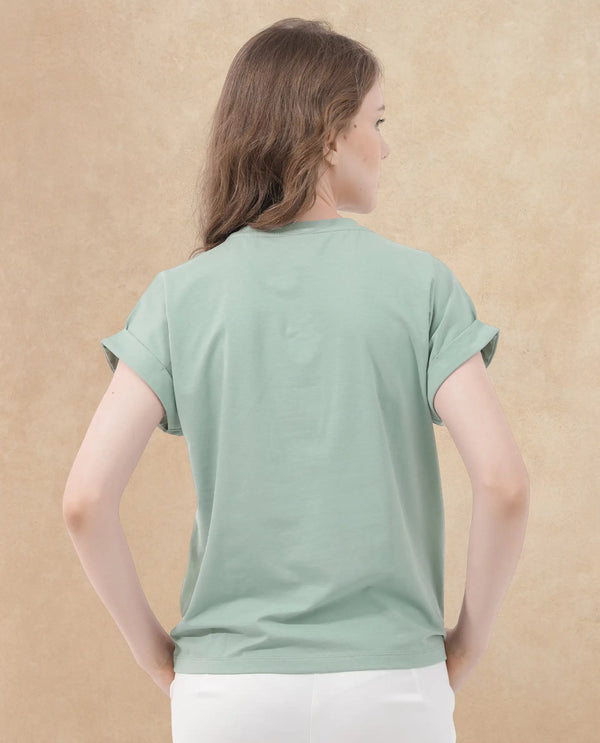 Rareism Women Hoet Green Cotton Elastane Fabric Crew Neck Knit Solid T-Shirt