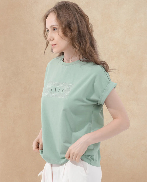Rareism Women Hoet Green Cotton Elastane Fabric Crew Neck Knit Solid T-Shirt