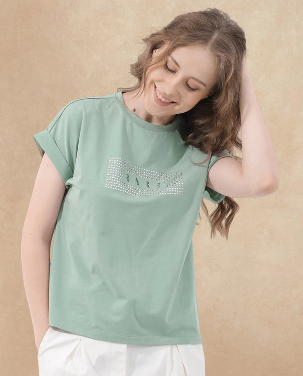 Rareism Women Hoet Green Cotton Elastane Fabric Crew Neck Knit Solid T-Shirt