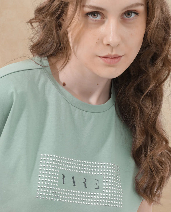 Rareism Women Hoet Green Cotton Elastane Fabric Crew Neck Knit Solid T-Shirt