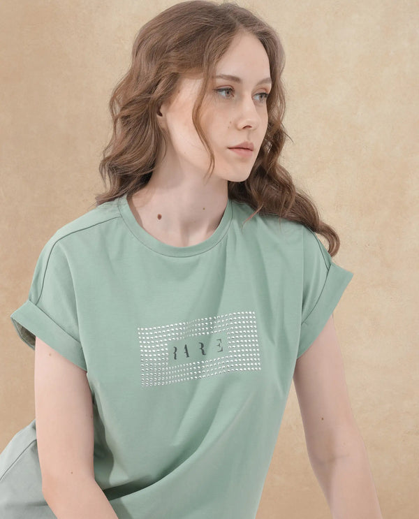 Rareism Women Hoet Green Cotton Elastane Fabric Crew Neck Knit Solid T-Shirt