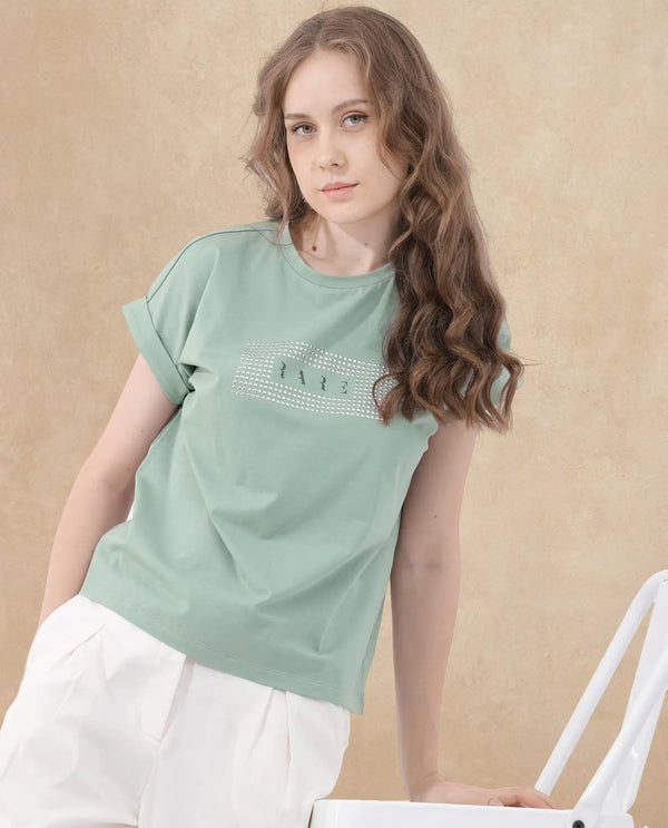 Rareism Women Hoet Green Cotton Elastane Fabric Crew Neck Knit Solid T-Shirt