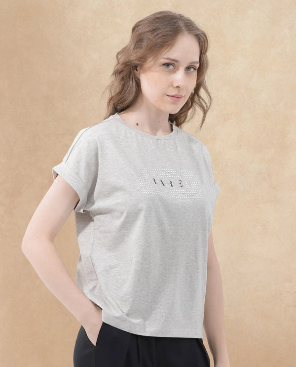 Rareism Women Hoet Melange Grey Cotton Elastane Fabric Crew Neck Knit Solid T-Shirt