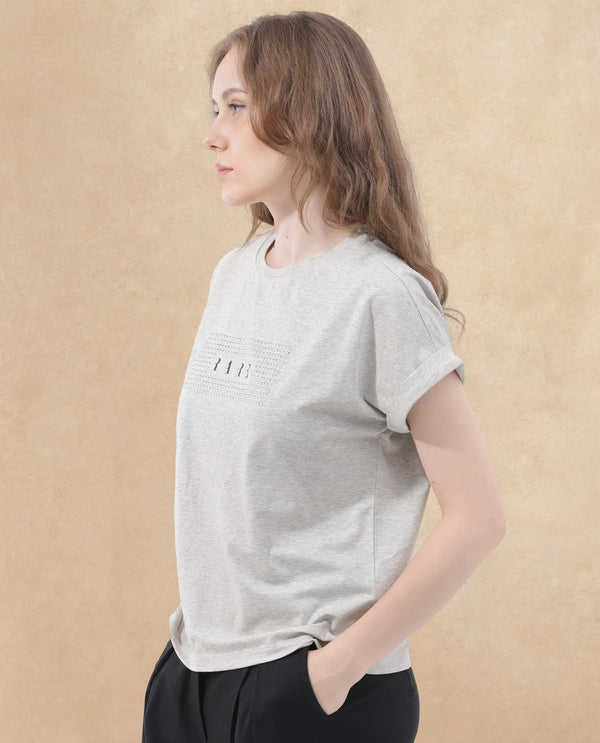 Rareism Women Hoet Melange Grey Cotton Elastane Fabric Crew Neck Knit Solid T-Shirt
