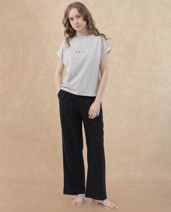 Rareism Women Hoet Melange Grey Cotton Elastane Fabric Crew Neck Knit Solid T-Shirt