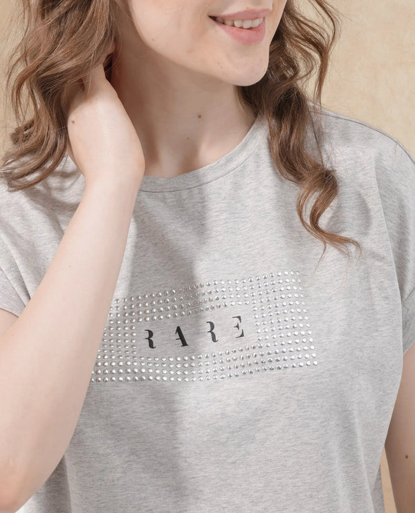 Rareism Women Hoet Melange Grey Cotton Elastane Fabric Crew Neck Knit Solid T-Shirt