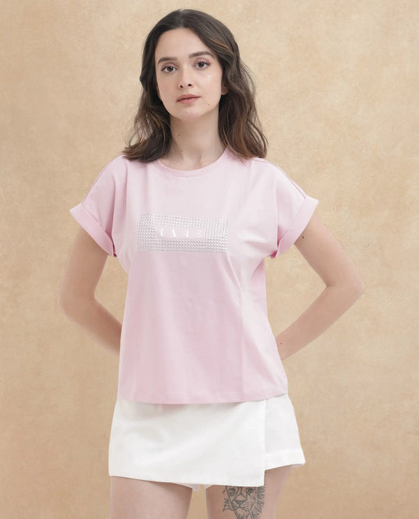 Rareism Women Hoet Pink Cotton Elastane Fabric Crew Neck Knit Solid T-Shirt