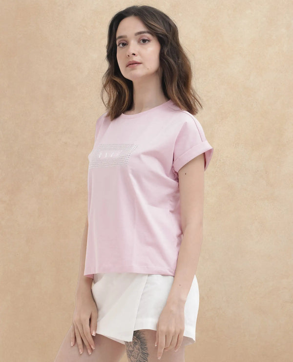 Rareism Women Hoet Pink Cotton Elastane Fabric Crew Neck Knit Solid T-Shirt
