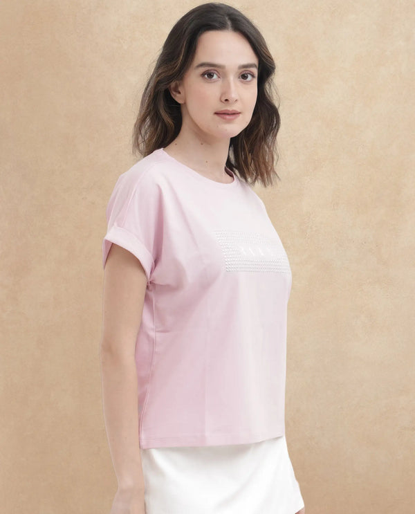 Rareism Women Hoet Pink Cotton Elastane Fabric Crew Neck Knit Solid T-Shirt