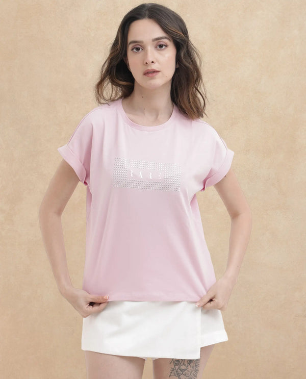 Rareism Women Hoet Pink Cotton Elastane Fabric Crew Neck Knit Solid T-Shirt