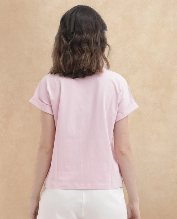 Rareism Women Hoet Pink Cotton Elastane Fabric Crew Neck Knit Solid T-Shirt