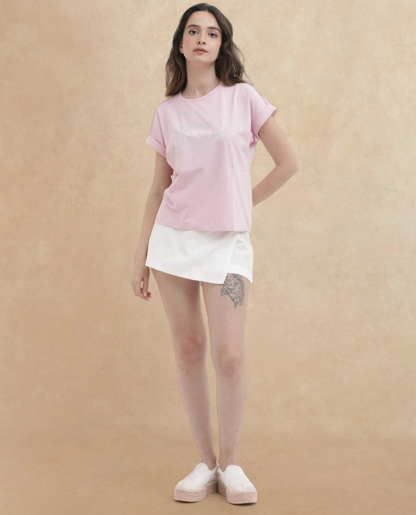 Rareism Women Hoet Pink Cotton Elastane Fabric Crew Neck Knit Solid T-Shirt