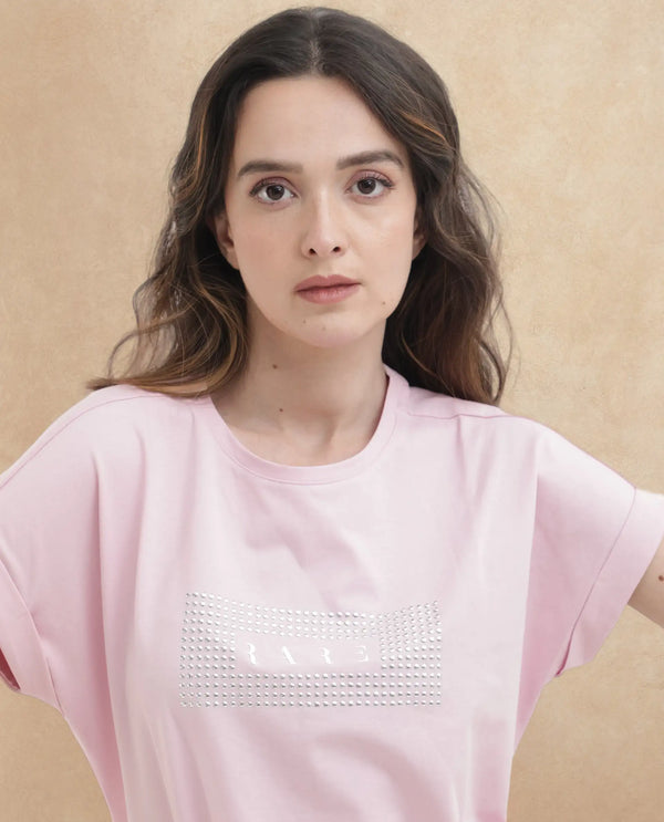 Rareism Women Hoet Pink Cotton Elastane Fabric Crew Neck Knit Solid T-Shirt