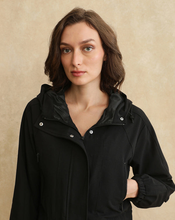 Rareism Women Hoian Black Ribbed Sleeve Collared Neck Zipper Closure Plain Jacket