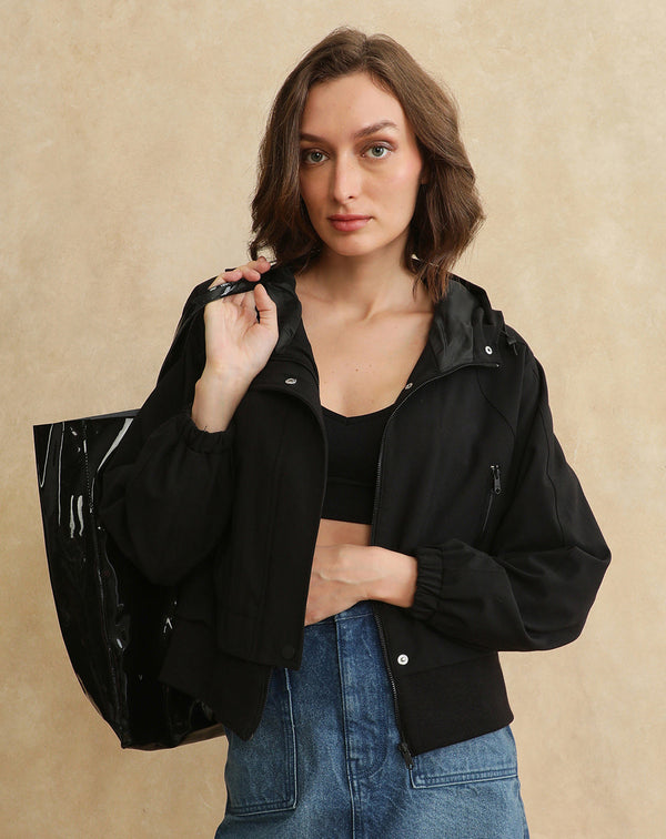 Rareism Women Hoian Black Ribbed Sleeve Collared Neck Zipper Closure Plain Jacket
