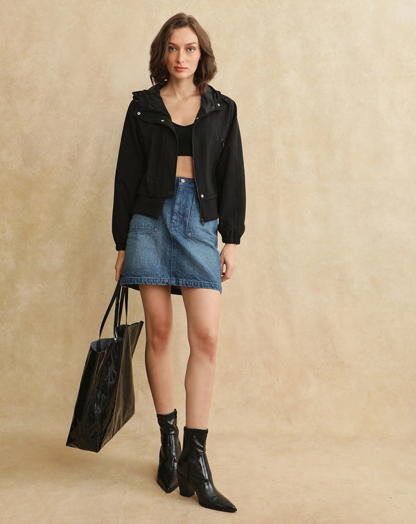 Rareism Women Hoian Black Ribbed Sleeve Collared Neck Zipper Closure Plain Jacket