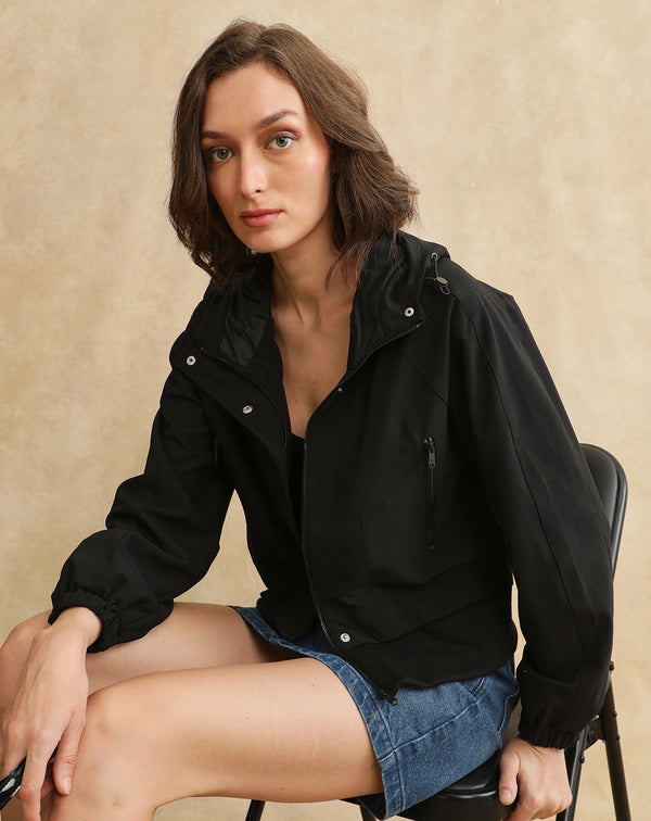 Rareism Women Hoian Black Ribbed Sleeve Collared Neck Zipper Closure Plain Jacket